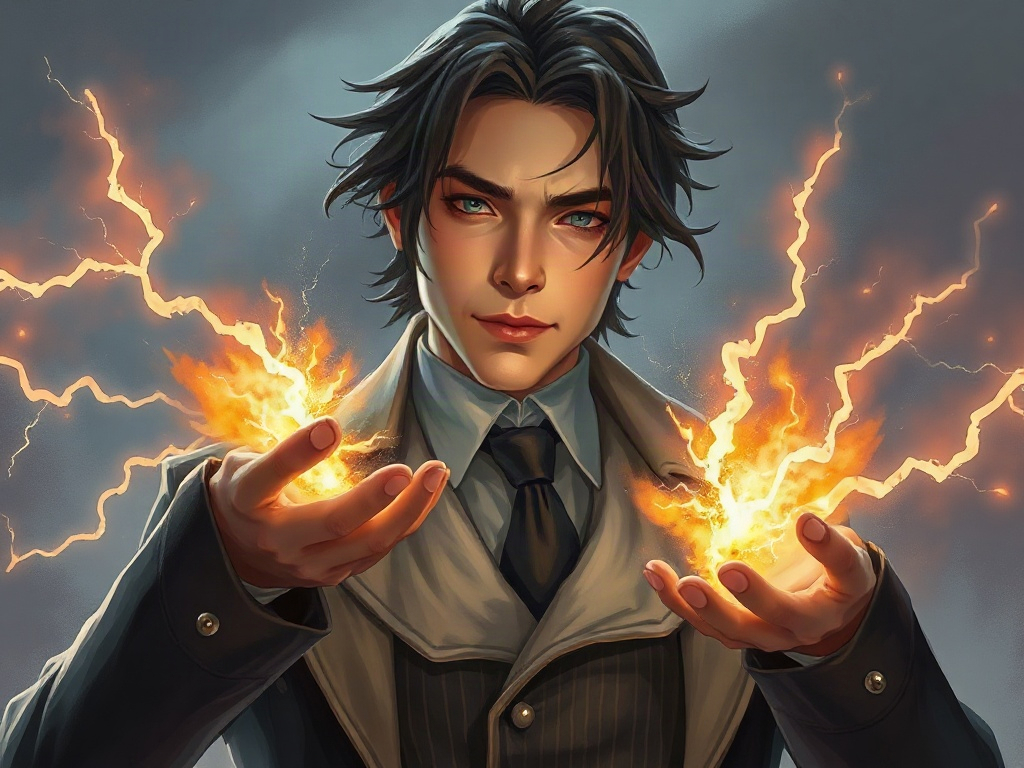 AI【特斯拉】異世界版角色提示詞：異世界雷電魔導師角色生成範例